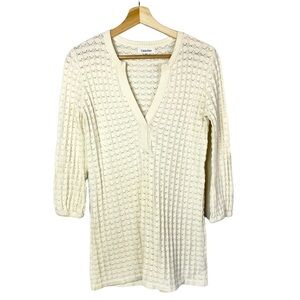 Calvin Klein White V-Neck Waffle Weave Knit Long Sleeve Sweater S